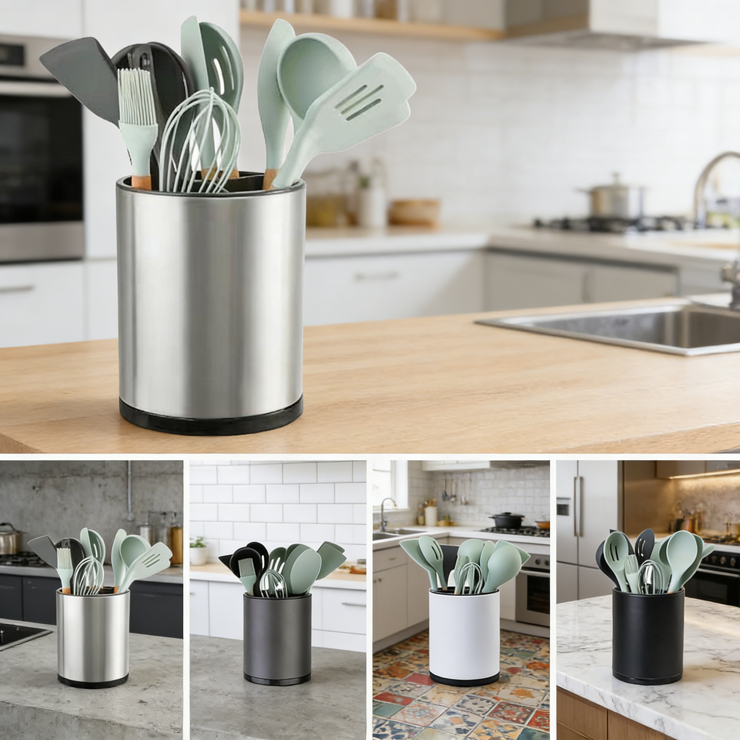 Rotating Stainless Steel Kitchen Utensil Caddy with Drain Tray