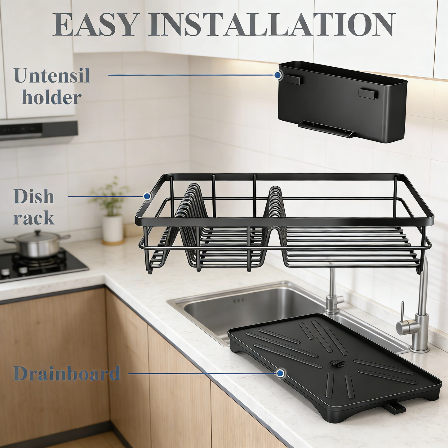Large Capacity Dish Drainer with Auto Drainage and Utensil Holder