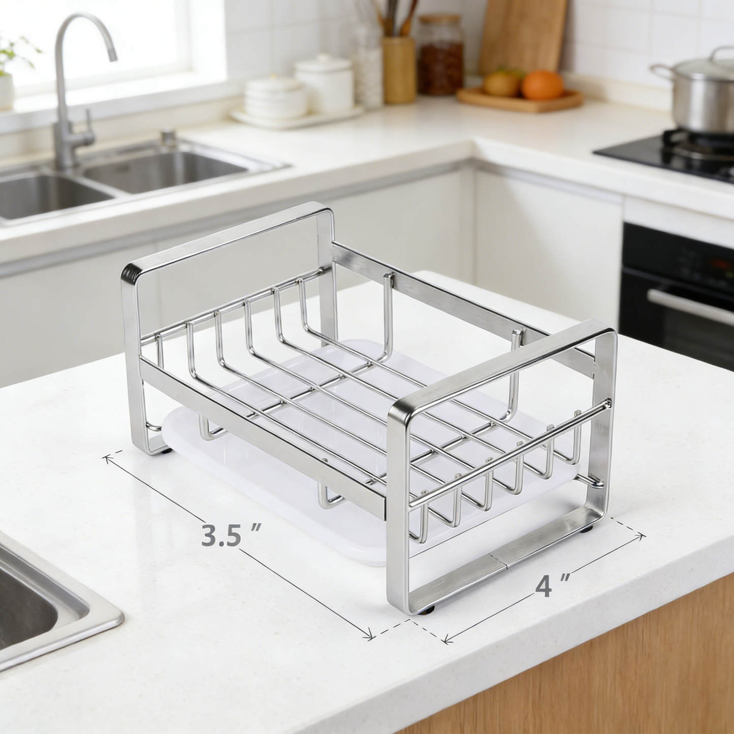 Stainless Steel Sink Caddy Organizer with Drain Tray, Kitchen Counter Storage Rack for Sponge, Soap and Cleaning Tools