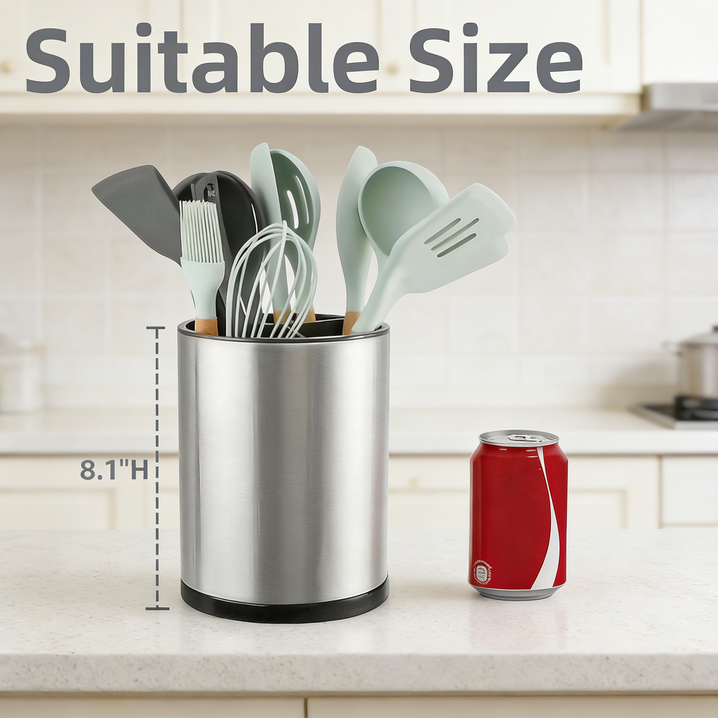 Rotating Stainless Steel Kitchen Utensil Caddy with Drain Tray