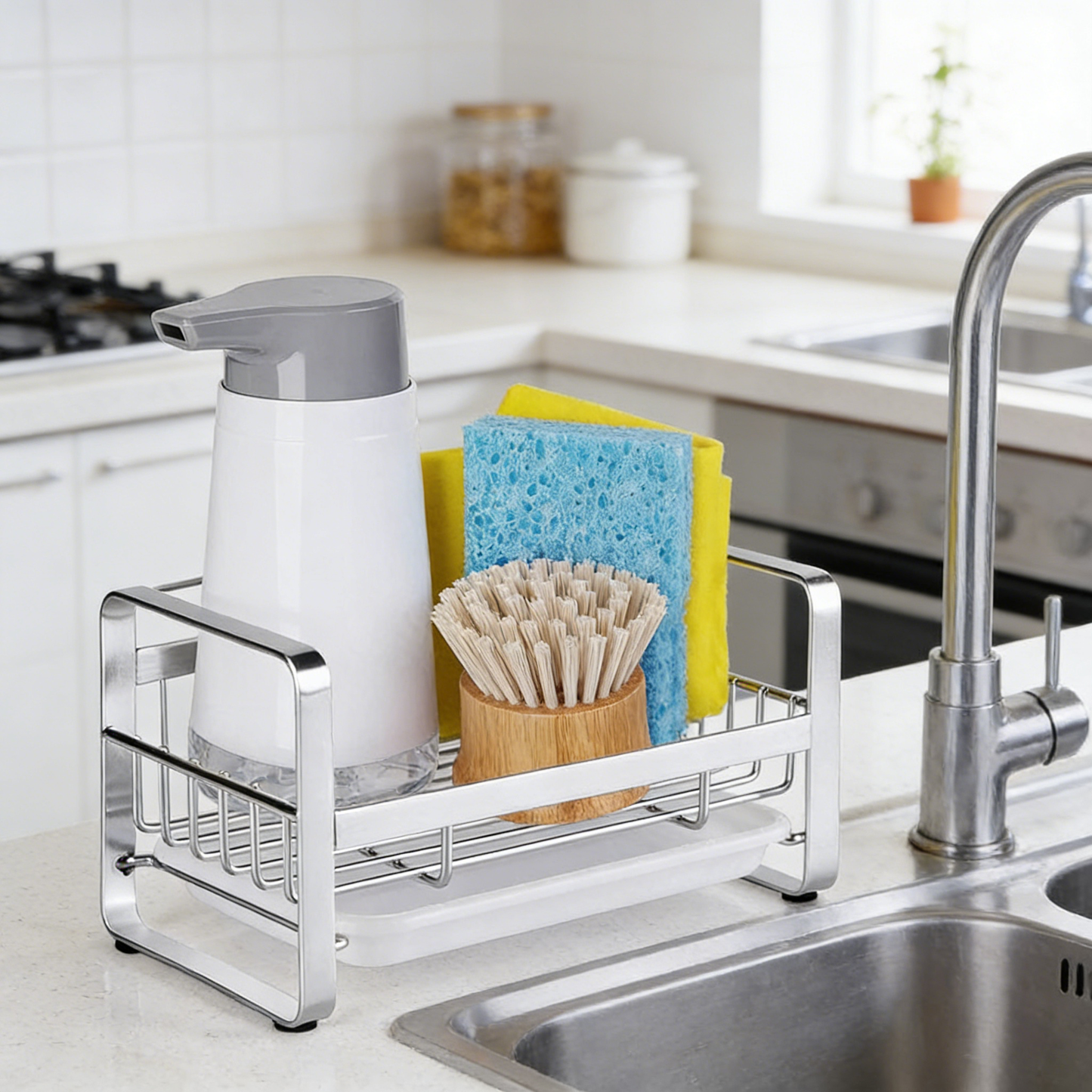 Stainless Steel Sink Caddy Organizer with Drain Tray, Kitchen Counter Storage Rack for Sponge, Soap and Cleaning Tools