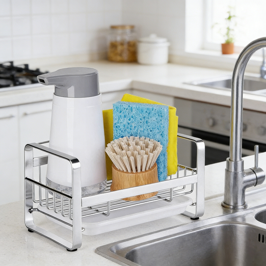 Stainless Steel Sink Caddy Organizer with Drain Tray, Kitchen Counter Storage Rack for Sponge, Soap and Cleaning Tools