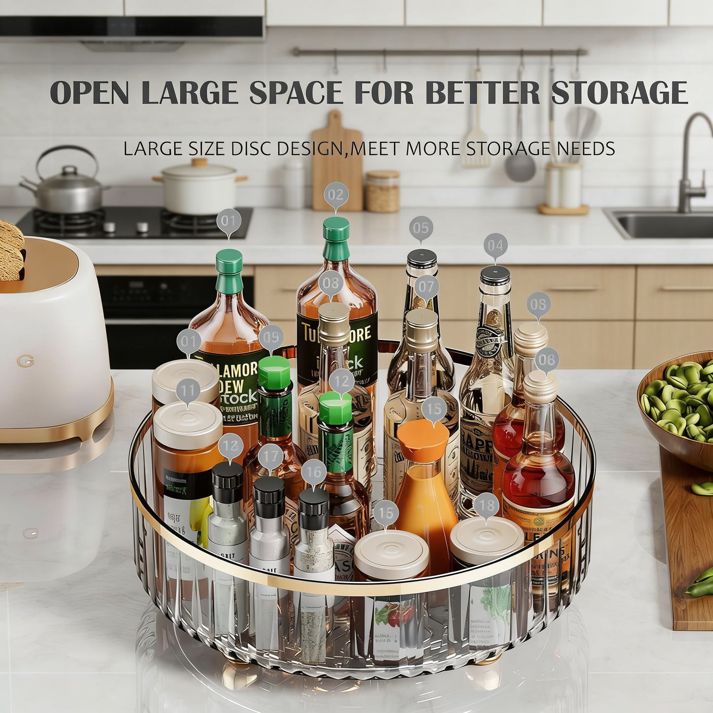 360° Rotating Lazy Susan Turntable Organizer, Clear Plastic Storage Tray with Gold Trim for Kitchen & Bathroom