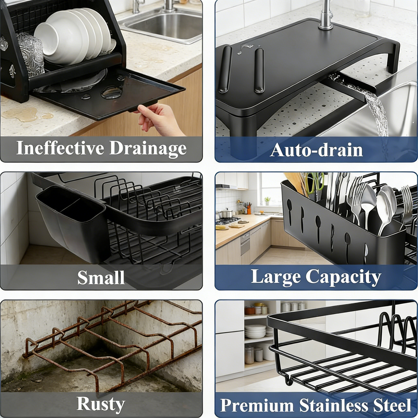 Large Capacity Dish Drainer with Auto Drainage and Utensil Holder