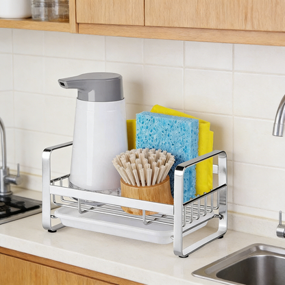 Stainless Steel Sink Caddy Organizer with Drain Tray, Kitchen Counter Storage Rack for Sponge, Soap and Cleaning Tools