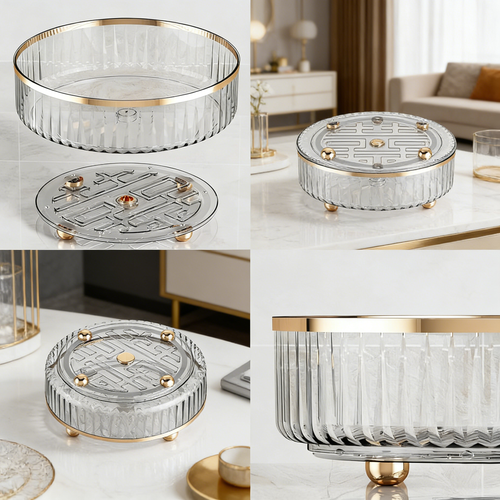 360° Rotating Lazy Susan Turntable Organizer, Clear Plastic Storage Tray with Gold Trim for Kitchen & Bathroom