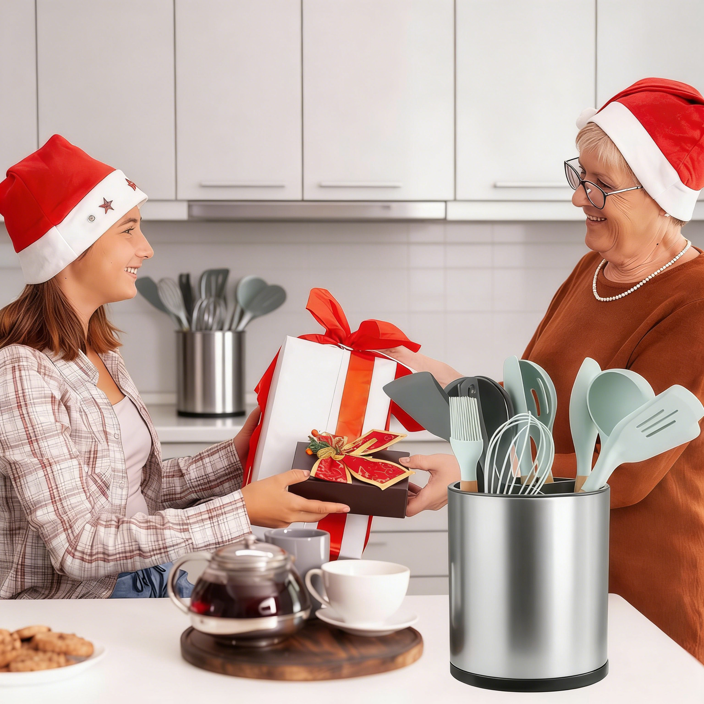 Rotating Stainless Steel Kitchen Utensil Caddy with Drain Tray