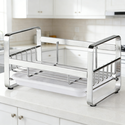 Stainless Steel Sink Caddy Organizer with Drain Tray, Kitchen Counter Storage Rack for Sponge, Soap and Cleaning Tools