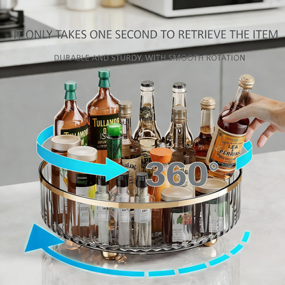 360° Rotating Lazy Susan Turntable Organizer, Clear Plastic Storage Tray with Gold Trim for Kitchen & Bathroom