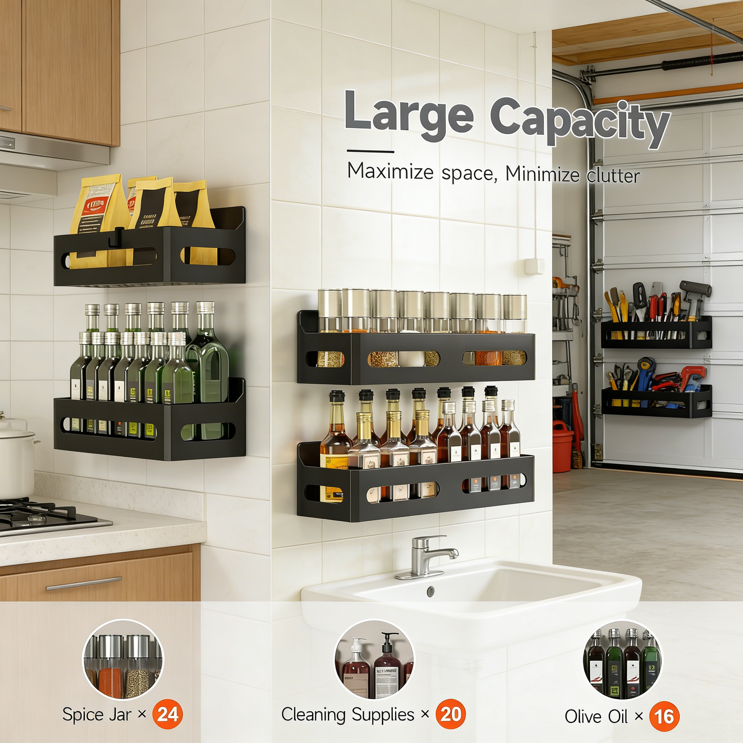 Multi-Purpose Magnetic Storage Rack, No Drilling Wall Mount Organizer for Kitchen & Bathroom