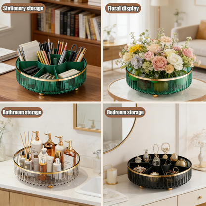 360° Rotating Lazy Susan Turntable Organizer, Clear Plastic Storage Tray with Gold Trim for Kitchen & Bathroom
