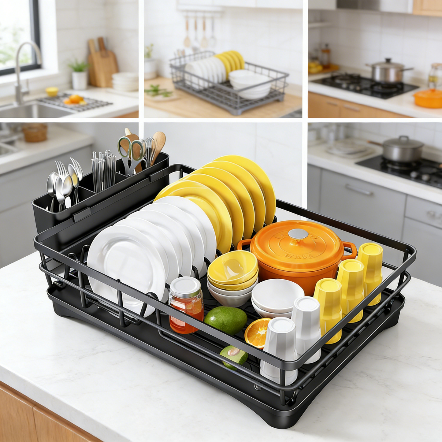 Large Capacity Dish Drainer with Auto Drainage and Utensil Holder