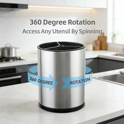 Rotating Stainless Steel Kitchen Utensil Caddy with Drain Tray