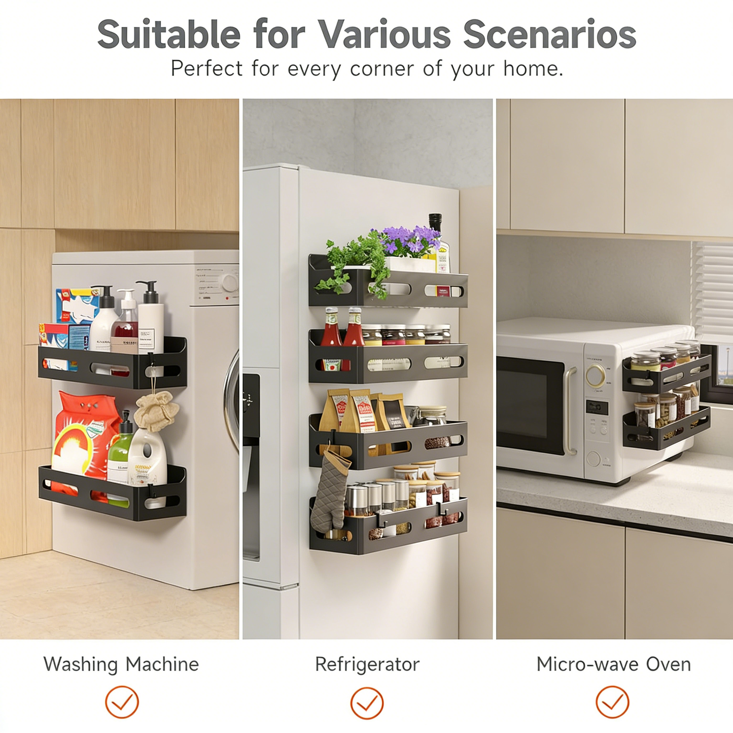 Multi-Purpose Magnetic Storage Rack, No Drilling Wall Mount Organizer for Kitchen & Bathroom