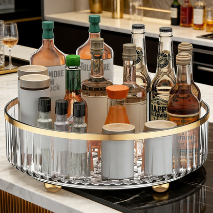 360° Rotating Lazy Susan Turntable Organizer, Clear Plastic Storage Tray with Gold Trim for Kitchen & Bathroom