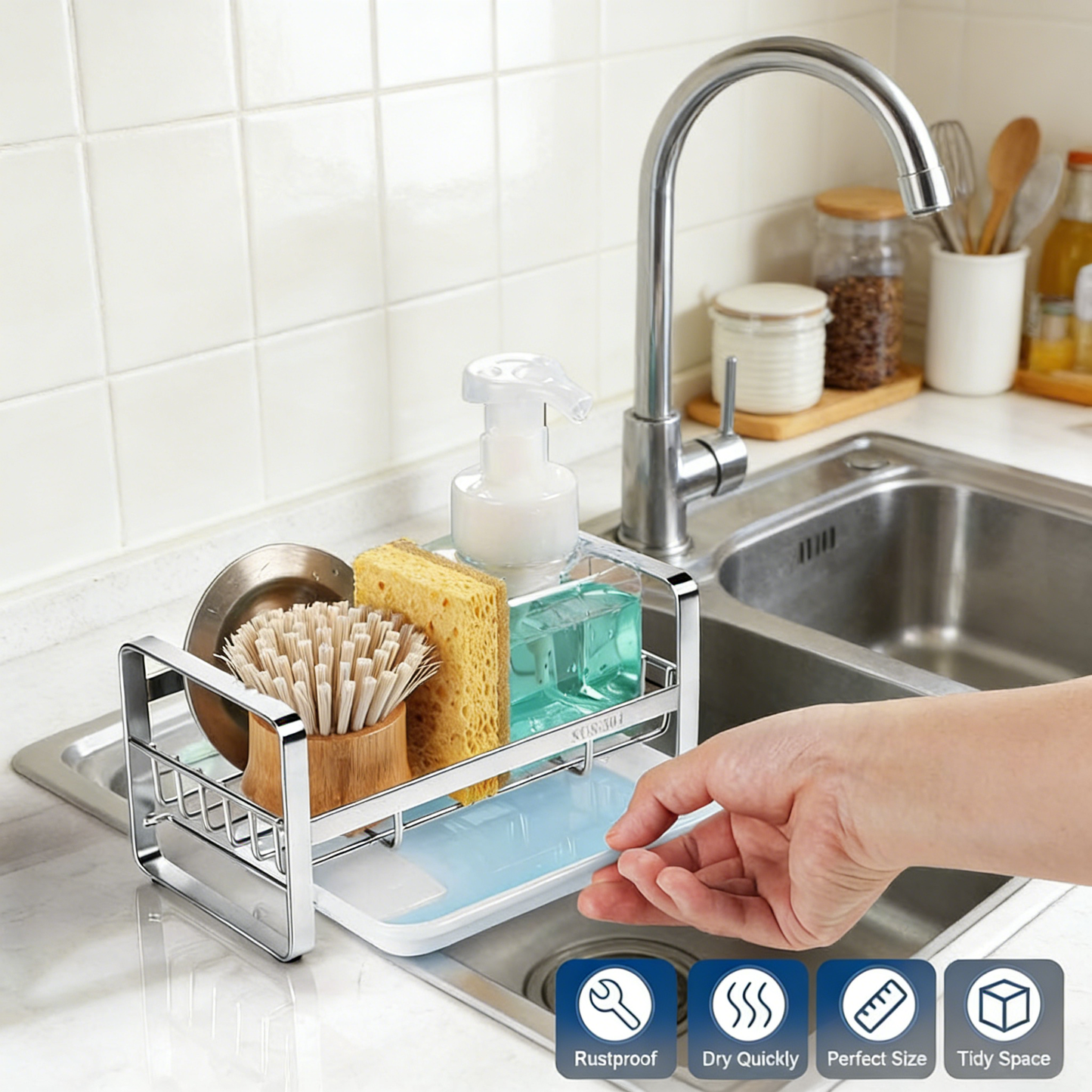 Stainless Steel Sink Caddy Organizer with Drain Tray, Kitchen Counter Storage Rack for Sponge, Soap and Cleaning Tools