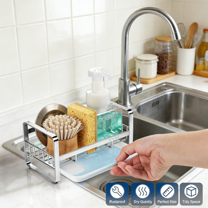 Stainless Steel Sink Caddy Organizer with Drain Tray, Kitchen Counter Storage Rack for Sponge, Soap and Cleaning Tools