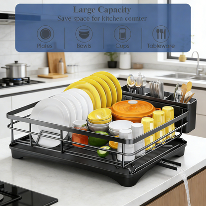 Large Capacity Dish Drainer with Auto Drainage and Utensil Holder