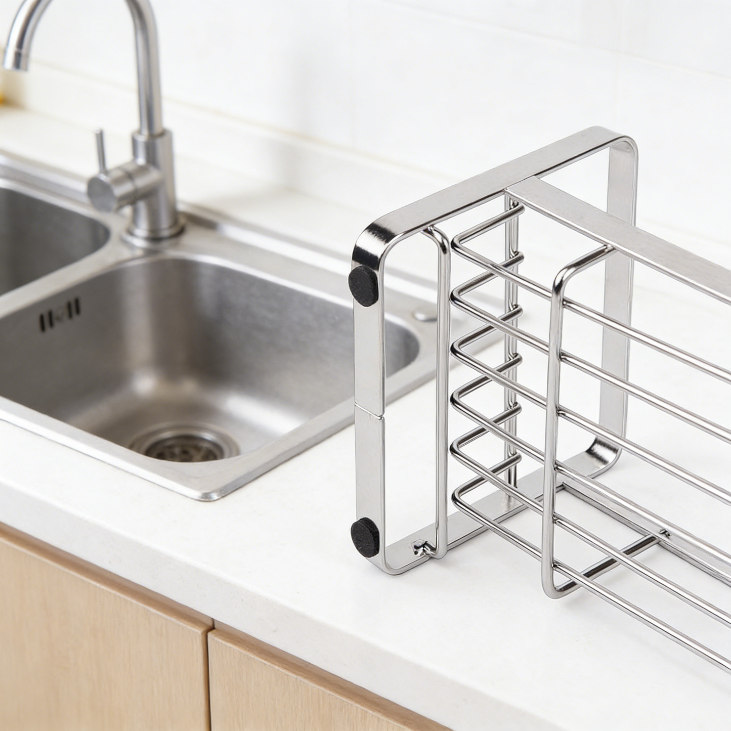 Stainless Steel Sink Caddy Organizer with Drain Tray, Kitchen Counter Storage Rack for Sponge, Soap and Cleaning Tools