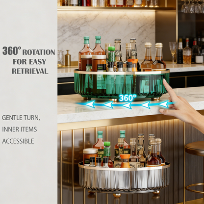 360° Rotating Lazy Susan Turntable Organizer, Clear Plastic Storage Tray with Gold Trim for Kitchen & Bathroom