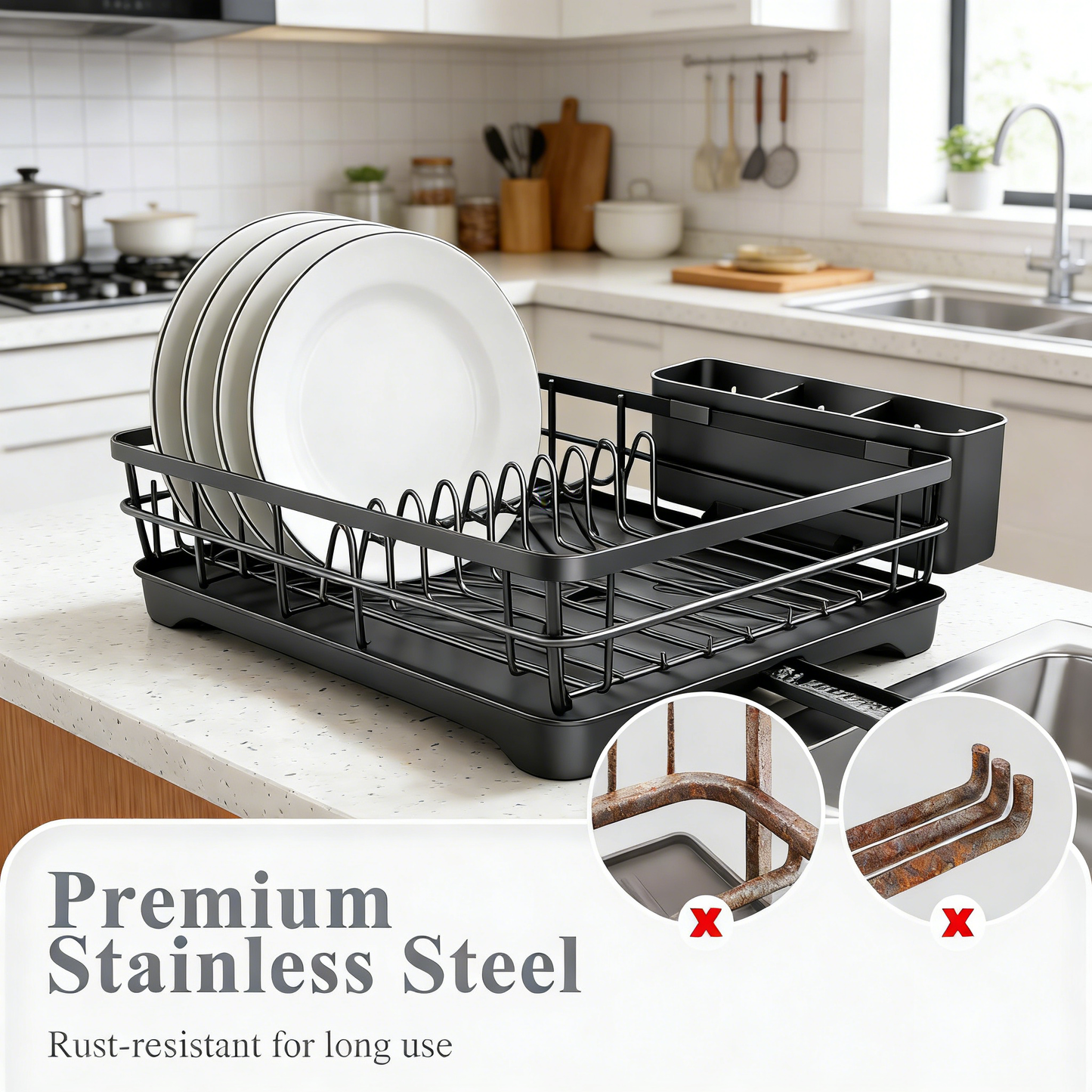 Large Capacity Dish Drainer with Auto Drainage and Utensil Holder