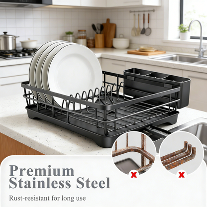Large Capacity Dish Drainer with Auto Drainage and Utensil Holder