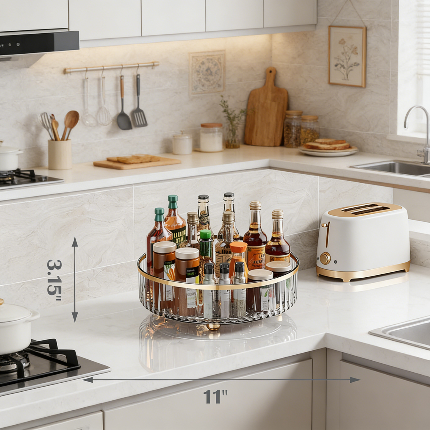 360° Rotating Lazy Susan Turntable Organizer, Clear Plastic Storage Tray with Gold Trim for Kitchen & Bathroom