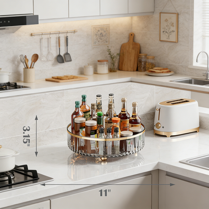 360° Rotating Lazy Susan Turntable Organizer, Clear Plastic Storage Tray with Gold Trim for Kitchen & Bathroom