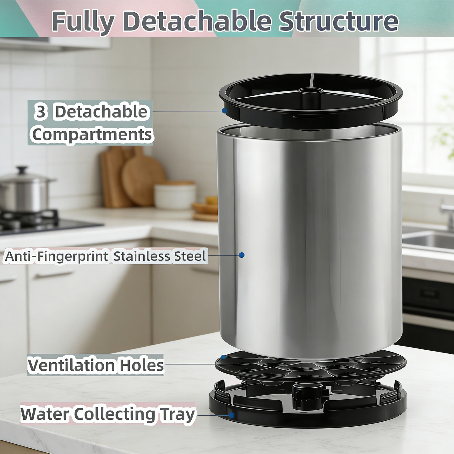 Rotating Stainless Steel Kitchen Utensil Caddy with Drain Tray