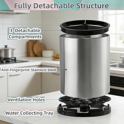 Rotating Stainless Steel Kitchen Utensil Caddy with Drain Tray